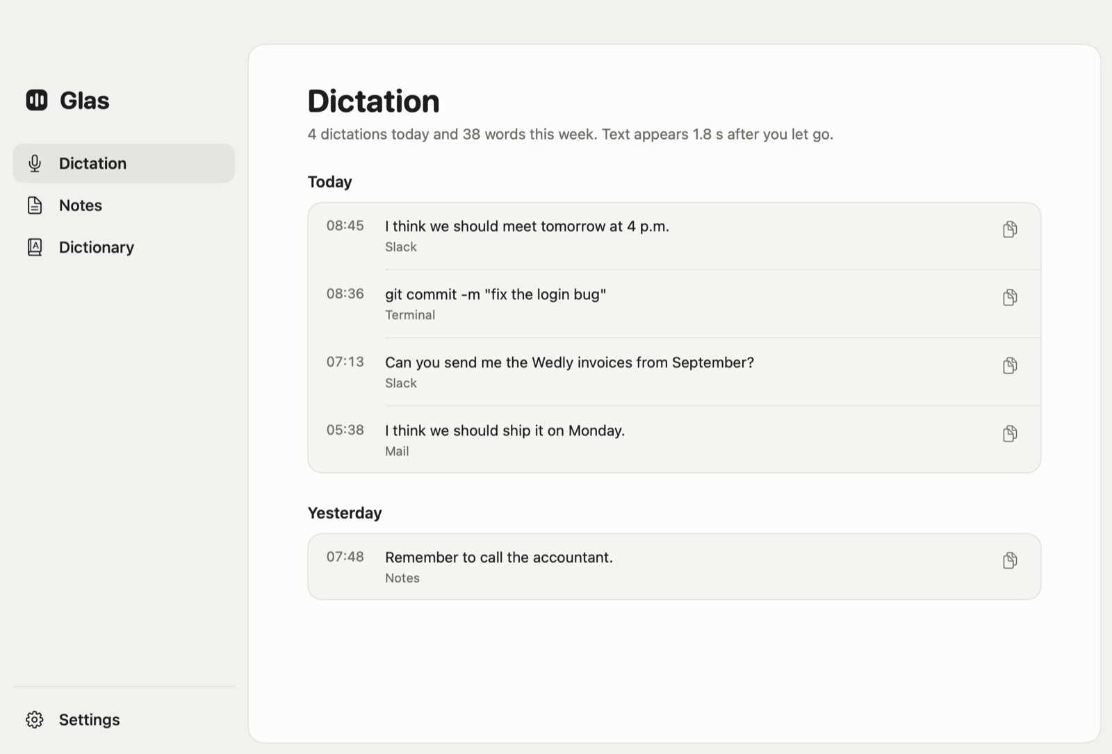 The Dictation page in Glas: today's dictations, each with the app it went to